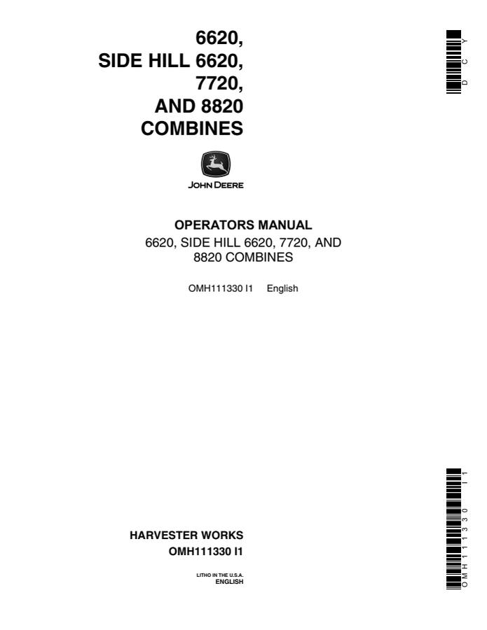 John Deere 6620 SideHill, 7720, and 8820 Combine Operator manual OMH111330 — actual manual cover