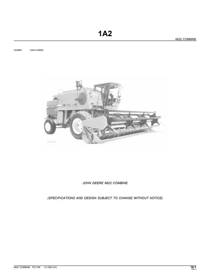 John Deere 6622 Combine Parts catalog PC1746 — actual manual cover