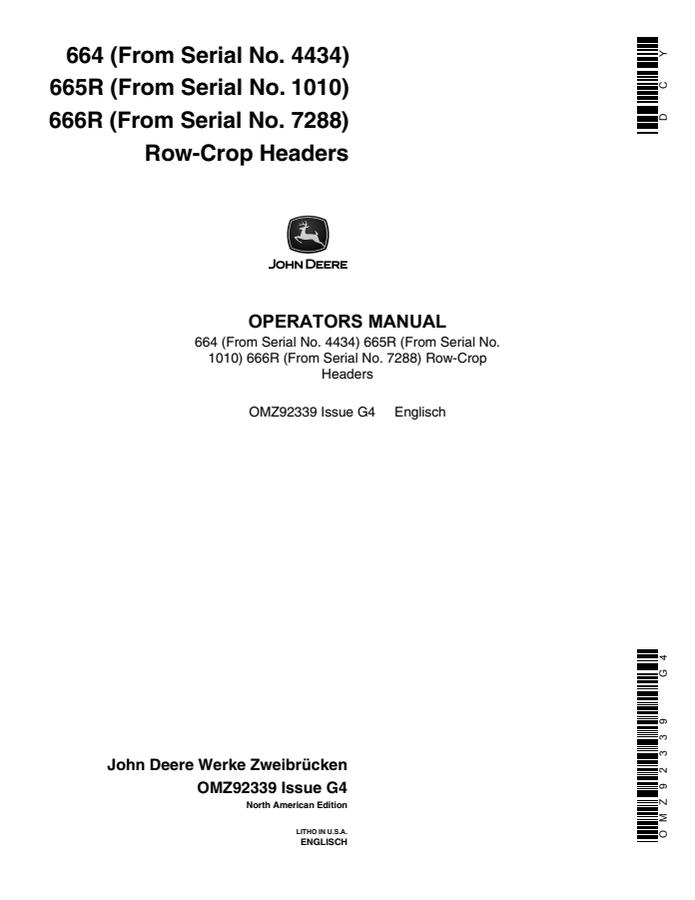 John Deere 664, 665R, and 666R Row-crop header Operator manual OMZ92339 — actual manual cover