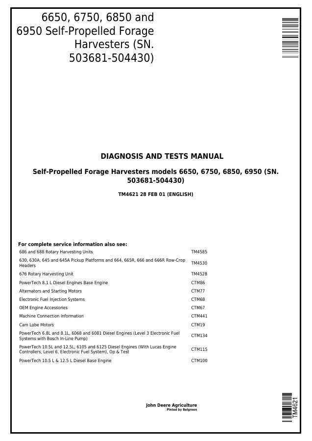 John Deere 6650, 6750, 6850, 6950 Self-propelled forage harvester Diagnosis and Test Technical Manual TM4621 — actual manual cover