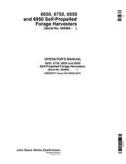 John Deere 6650, 6750, 6850, and 6950 Self-propelled forage harvester Operator manual OMZ92977 — actual manual cover