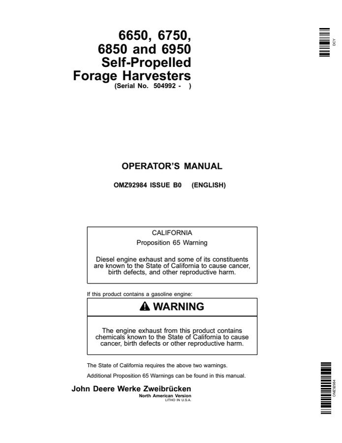John Deere 6650, 6750, 6850, and 6950 Self-propelled forage harvester Operator manual OMZ92984 — actual manual cover