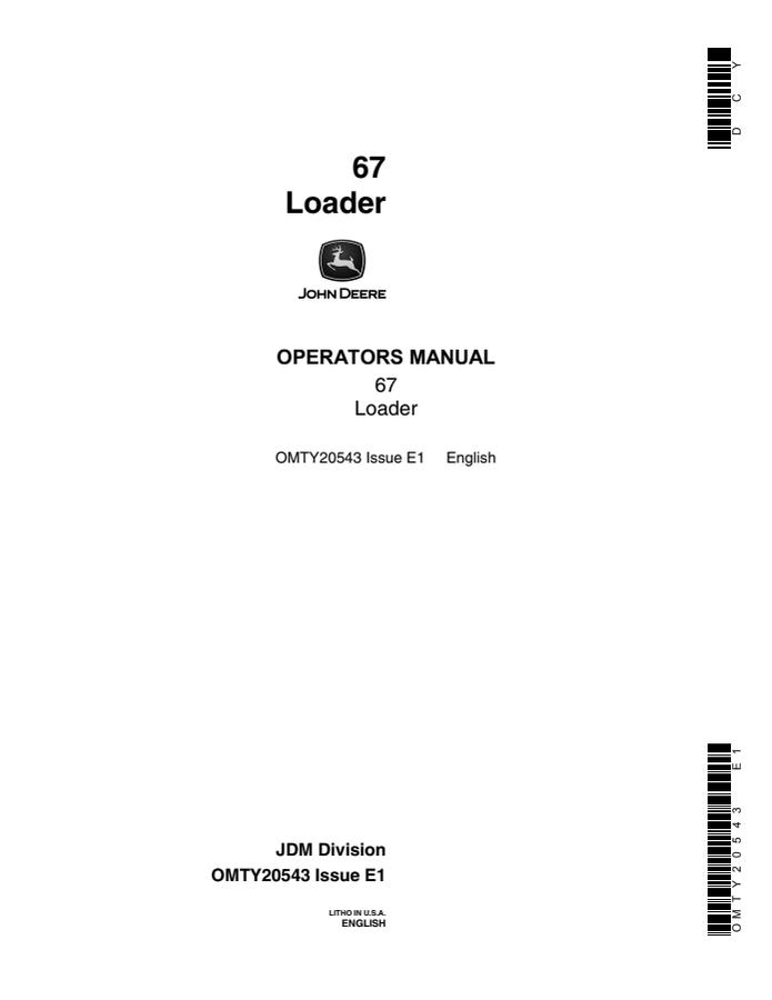 John Deere 67 Loader Operator manual OMTY20543 — actual manual cover