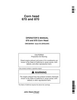 John Deere 670 and 870 Corn head Operator manual OMCQ64650 — actual manual cover