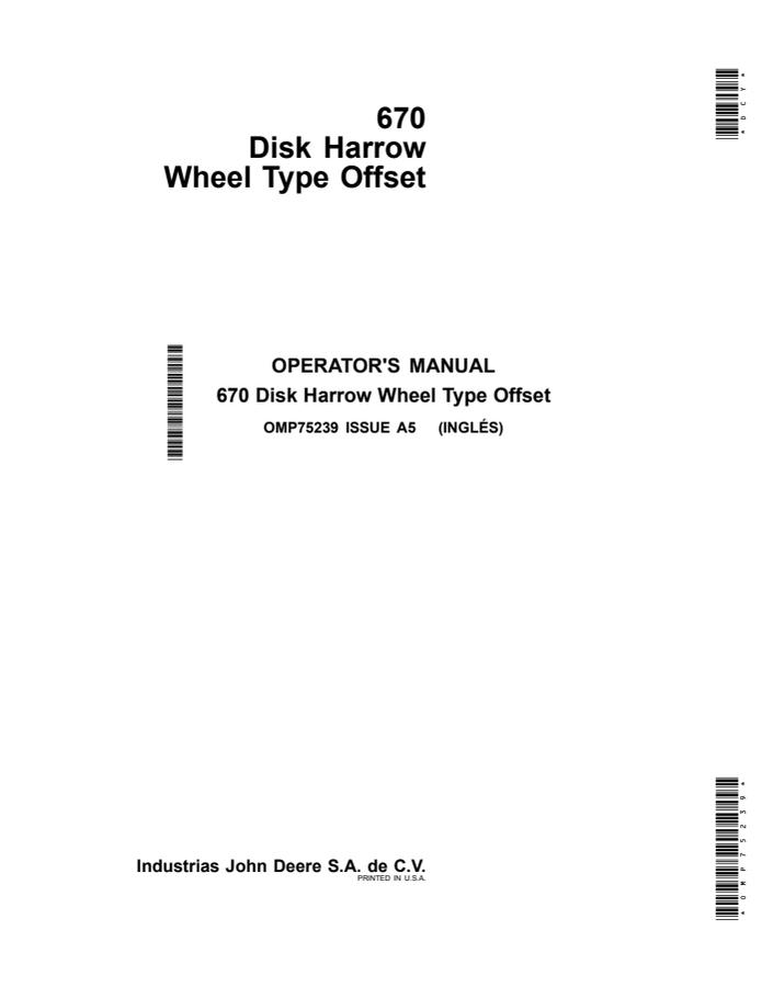 John Deere 670 Disk harrow Operator manual OMP75239 — actual manual cover