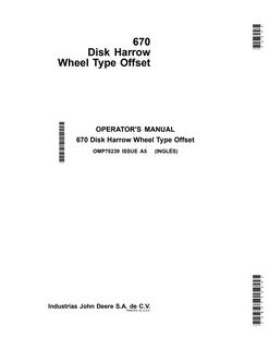 John Deere 670 Disk harrow Operator manual OMP75239 — actual manual cover