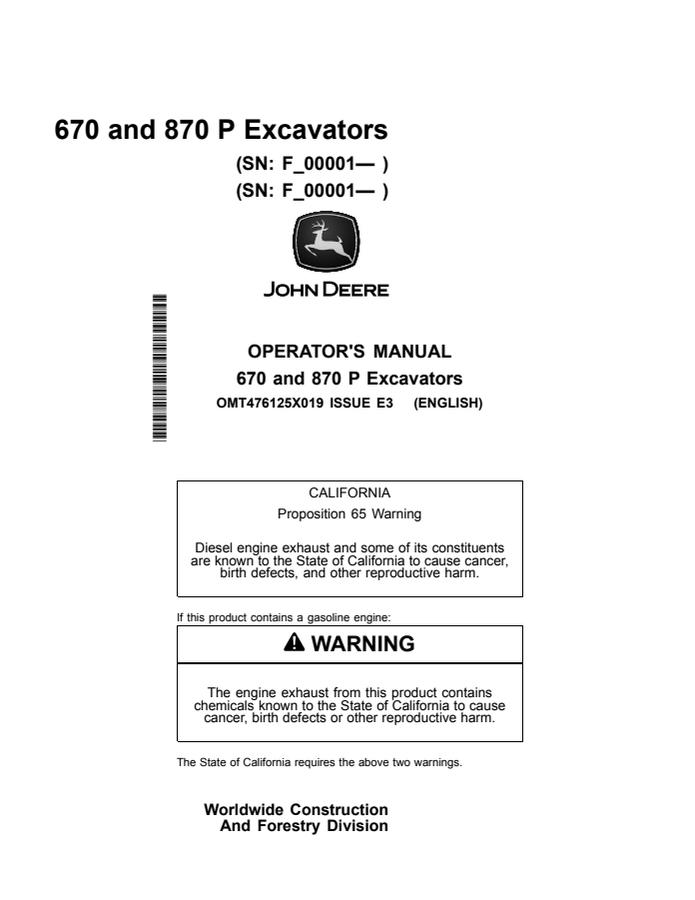 John Deere 670 P and 870 P Excavator Operator manual OMT476125X019 — actual manual cover