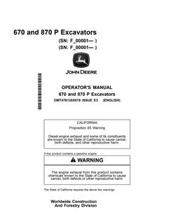 John Deere 670 P and 870 P Excavator Operator manual OMT476125X019 — actual manual cover