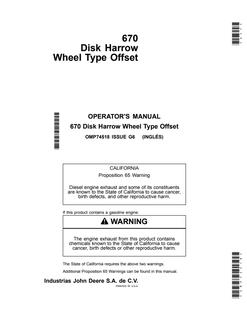 John Deere 670 Wheel Type Offset Disk harrow Operator manual OMP74518 — actual manual cover