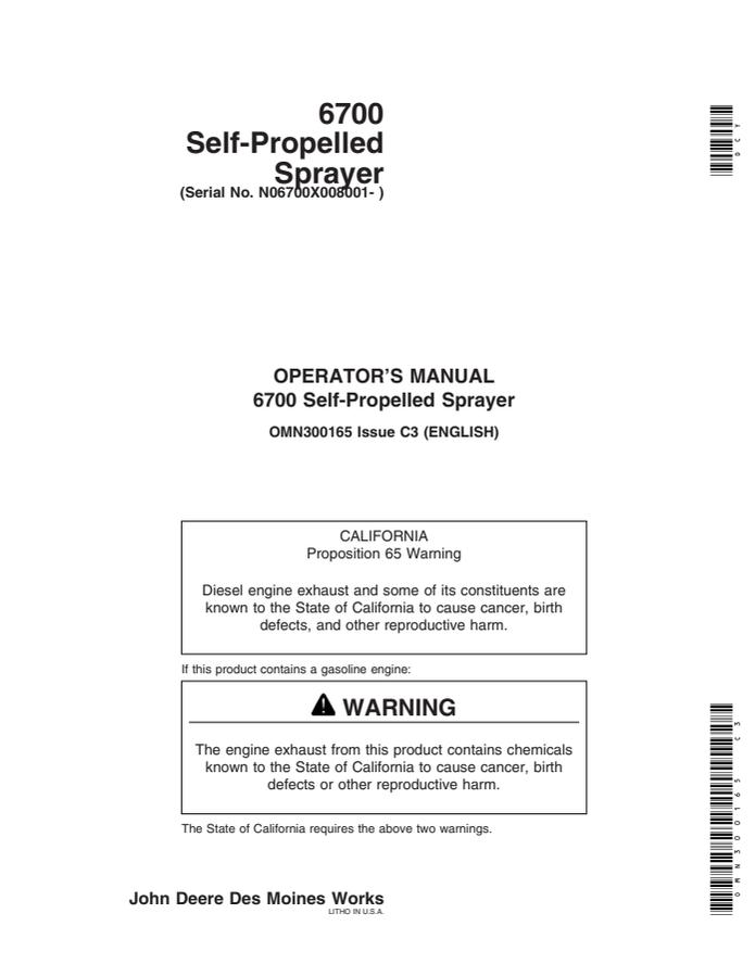 John Deere 6700 Self-propelled sprayer Operator manual OMN300165 — actual manual cover