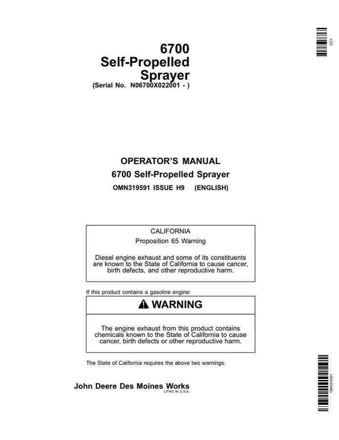 John Deere 6700 Self-propelled sprayer Operator manual OMN319591 — actual manual cover