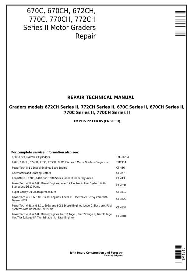 John Deere 670C, 670CH, 672CH, 770C, 770CH, 772CH Series II Motor Grader Repair Technical Manual TM1915 — actual manual cover