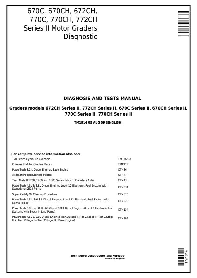 John Deere 670C, 670CH, 672CH, 770C, 770CH, 772CH Series II Motor Graders Diagnosis and Tests Manual TM1914 — actual manual cover