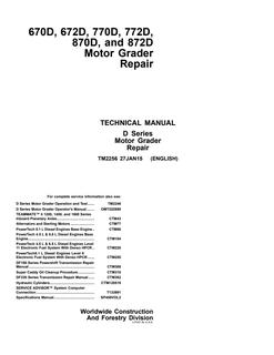 John Deere 670D, 672D, 770D, 772D, 870D, 872D Motor Grader Repair Technical Manual TM2256 — actual manual cover