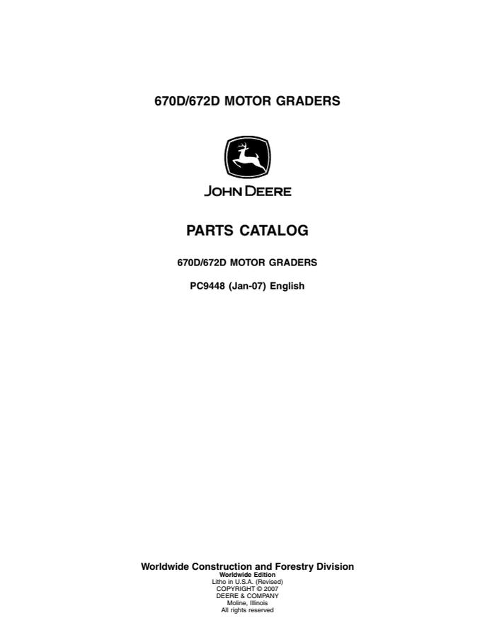 John Deere 670D and 672D Motor Graders Parts Catalog — actual manual cover