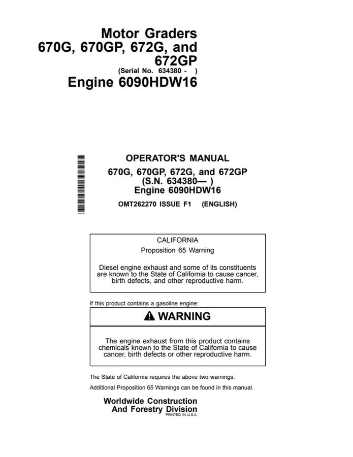John Deere 670G, 670GP, 672G, and 672GP Motor grader Operator manual OMT262270 — actual manual cover