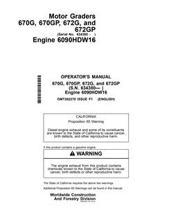 John Deere 670G, 670GP, 672G, and 672GP Motor grader Operator manual OMT262270 — actual manual cover