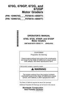 John Deere 670G, 670GP, 672G, and 672GP Motor grader Operator manual OMT363018X19 — actual manual cover