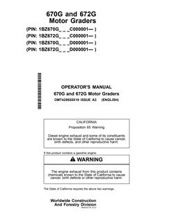 John Deere 670G and 672G Motor grader Operator manual OMT429555X19 — actual manual cover