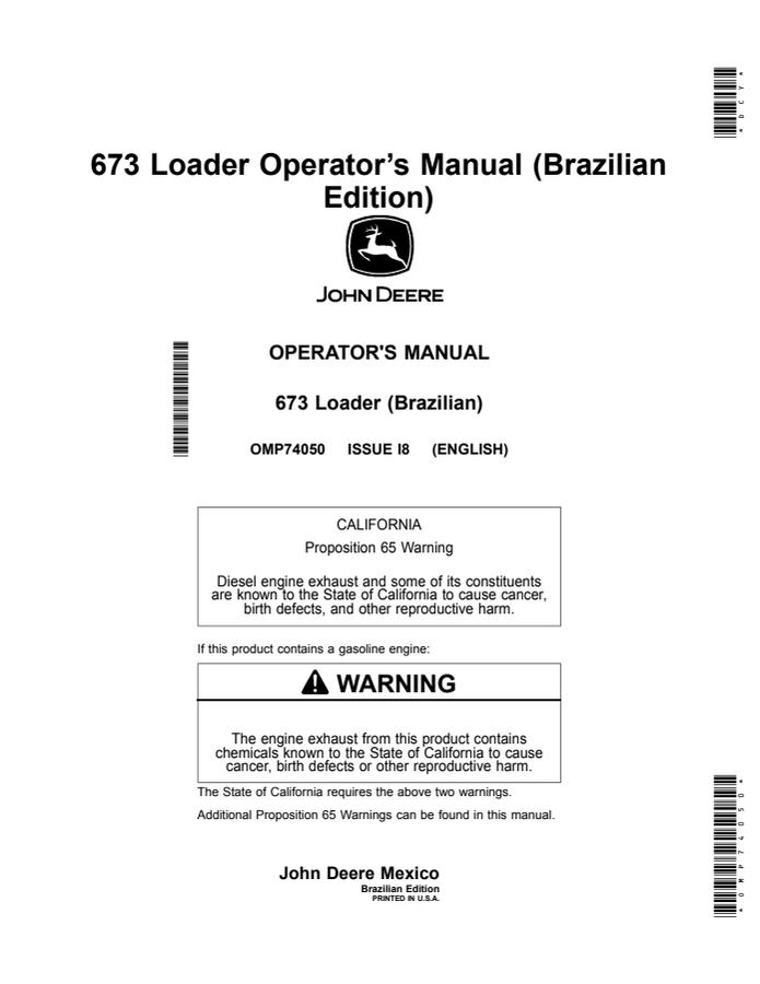John Deere 673 Loader Operator manual OMP74050 — actual manual cover