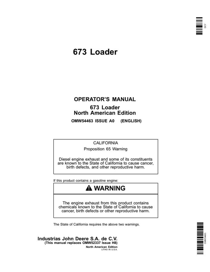 John Deere 673 Loader Operator manual OMW54463 — actual manual cover