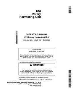 John Deere 676 Rotary harvesting unit Operator manual OMLCA113181 — actual manual cover