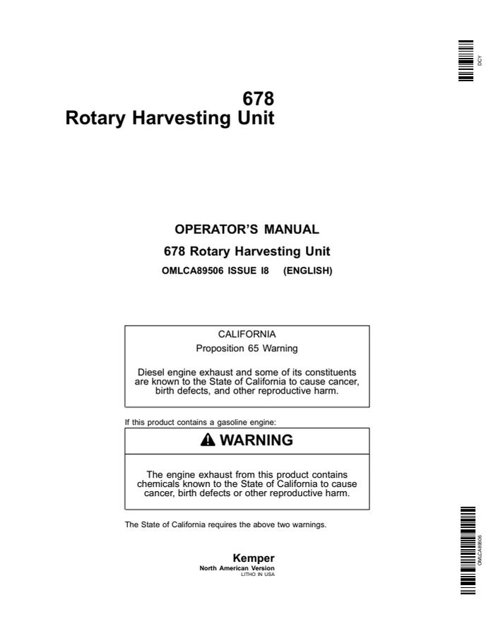 John Deere 678 Rotary harvesting unit Operator manual OMLCA89506 — actual manual cover
