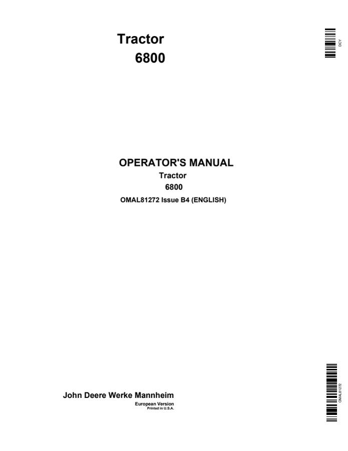 John Deere 6800 Tractor Operator manual OMAL81272 — actual manual cover