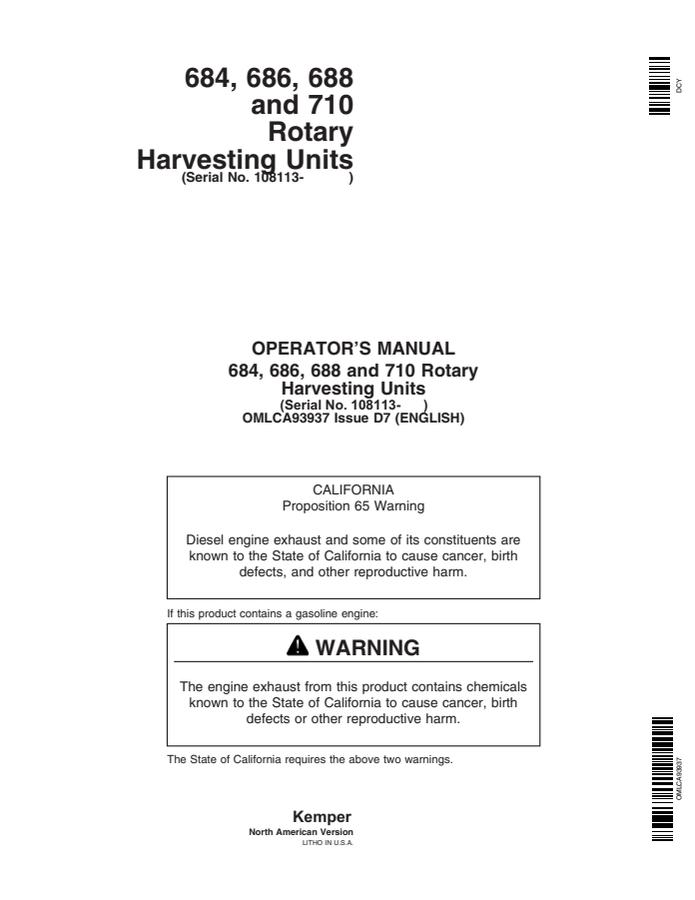John Deere 684, 686, 688, and 710 Rotary harvesting unit Operator manual OMLCA93937 — actual manual cover