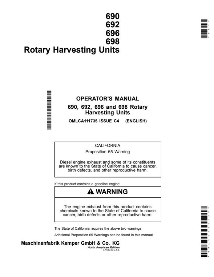 John Deere 690, 692, 696, and 698 Rotary harvesting unit Operator manual OMLCA111735 — actual manual cover