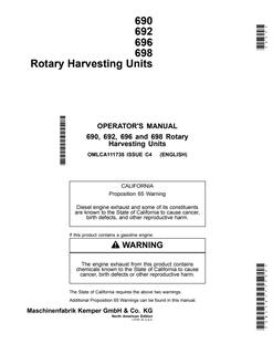John Deere 690, 692, 696, and 698 Rotary harvesting unit Operator manual OMLCA111735 — actual manual cover