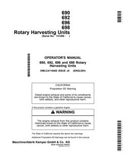 John Deere 690, 692, 696, and 698 Rotary harvesting unit Operator manual OMLCA118485 — actual manual cover
