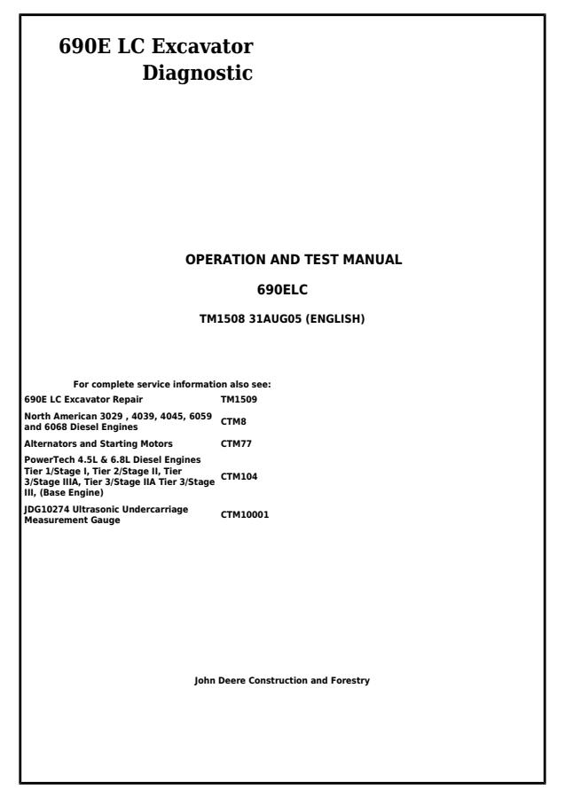 John Deere 690E LC Excavator Diagnostic Operation and Test Manual TM1508 — actual manual cover