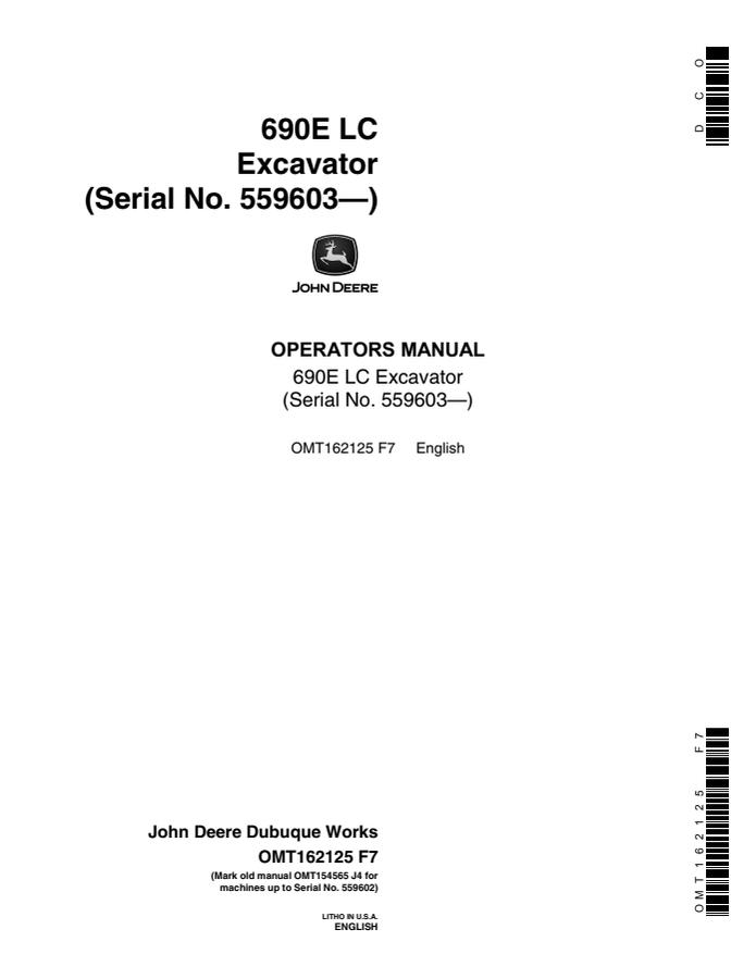 John Deere 690E LC Excavator Operator manual OMT162125 — actual manual cover
