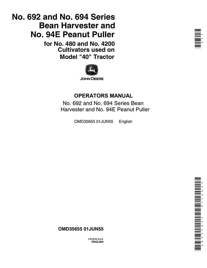 John Deere 692 and 694 Series Bean Harvester; 94E Peanut Puller Bean harvester and peanut puller Operator manual OMD35655 — actual manual cover