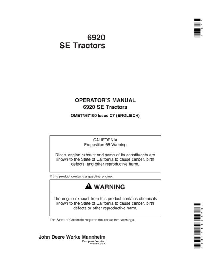 John Deere 6920 SE Tractor Operator manual OMETN67190 — actual manual cover