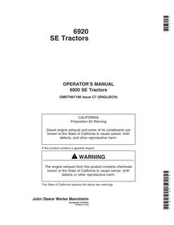 John Deere 6920 SE Tractor Operator manual OMETN67190 — actual manual cover
