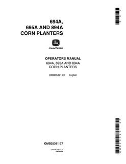 John Deere 694A, 695A, and 894A Corn planter Operator manual OMB25391 — actual manual cover