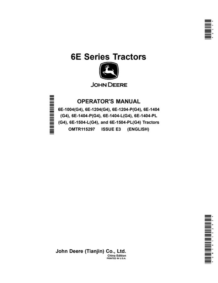 John Deere 6E-1004(G4), 6E-1204(G4), 6E-1204-P(G4), 6E-1404(G4), 6E-1404-P(G4), 6E-1404-L(G4), 6E-1404-PL(G4), 6E-1504-L(G4), 6E-1504-PL(G4) Tractor Operator manual OMTR115297 — actual manual cover