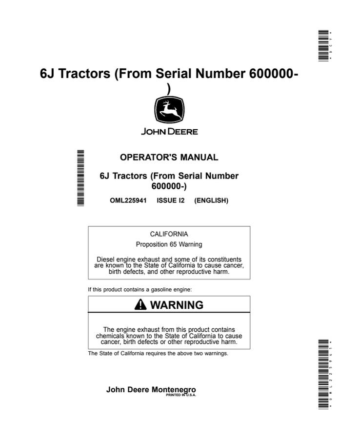 John Deere 6J Tractors Tractor Operator manual OML225941 — actual manual cover