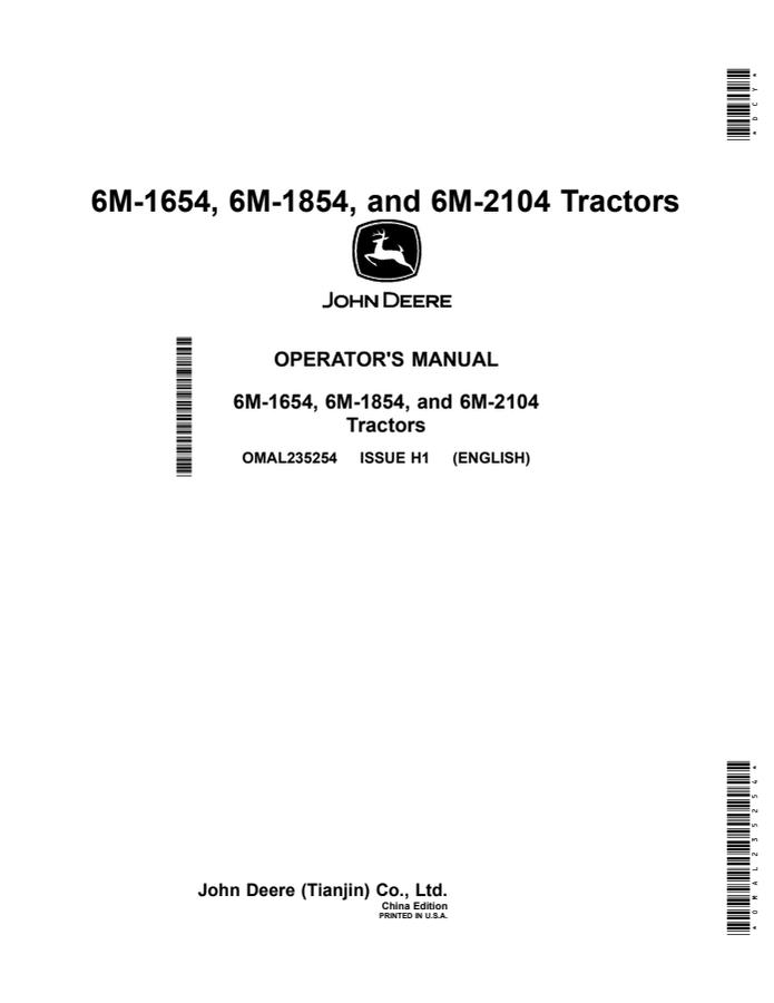 John Deere 6M-1654, 6M-1854, and 6M-2104 Tractor Operator manual OMAL235254 — actual manual cover