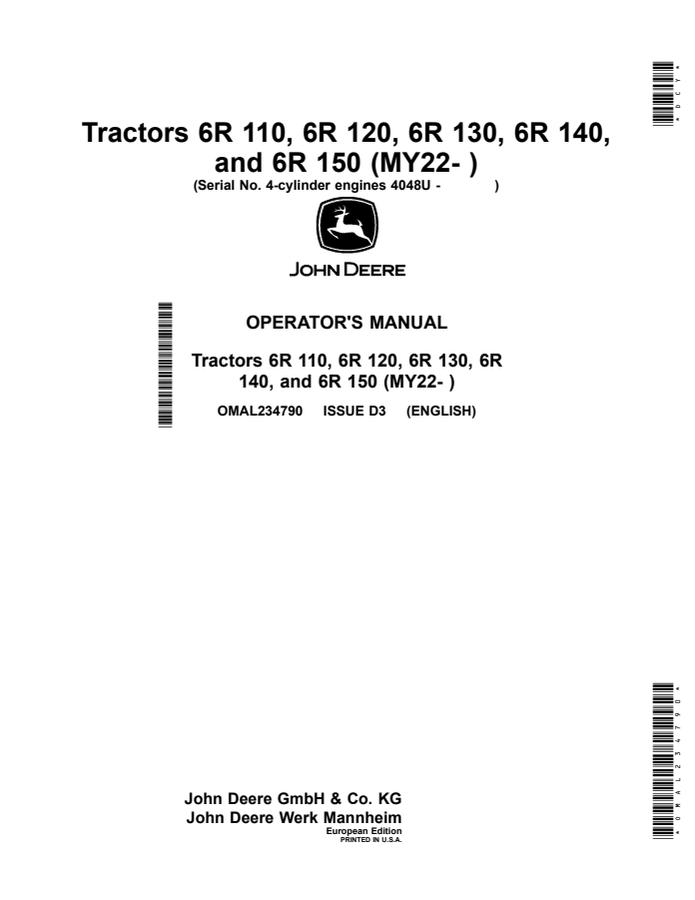 John Deere 6R 110, 120, 130, 140, and 150 Tractor Operator manual OMAL234790 — actual manual cover