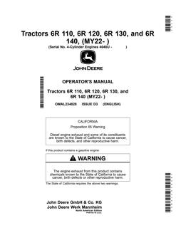 John Deere 6R 110, 120, 130, and 140 Tractor Operator manual OMAL234828 — actual manual cover