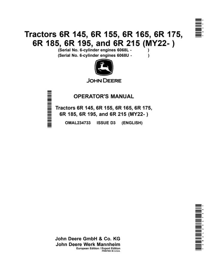 John Deere 6R 145, 155, 165, 175, 185, 195, and 215 Tractor Operator manual OMAL234733 — actual manual cover