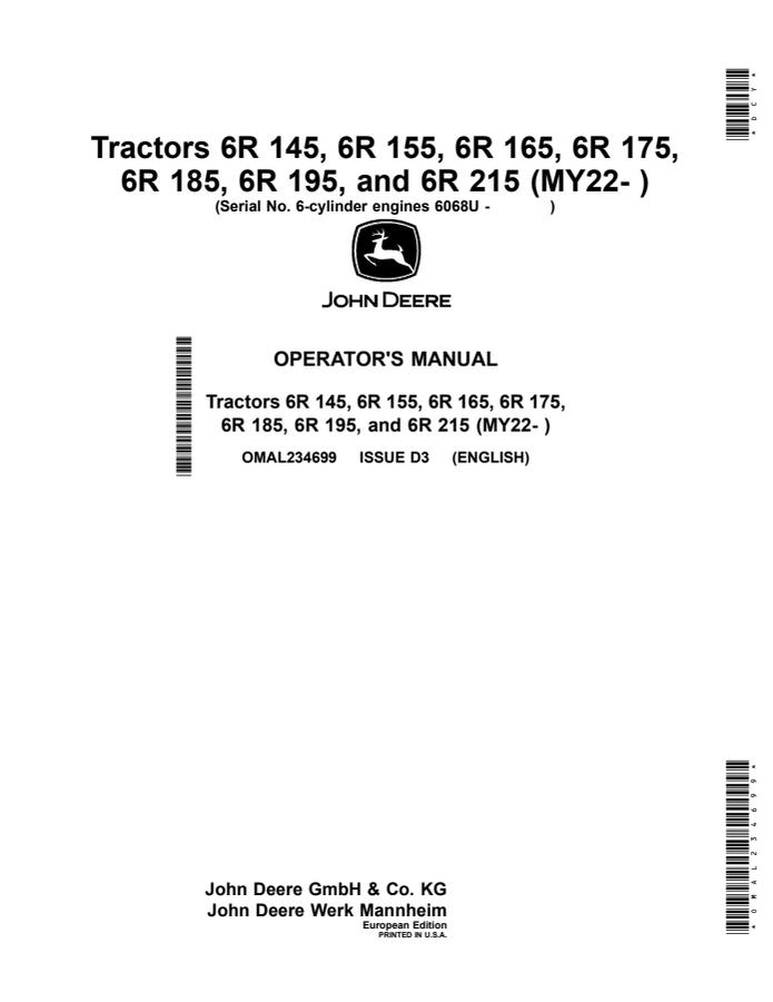 John Deere 6R 145, 6R 155, 6R 165, 6R 175, 6R 185, 6R 195, 6R 215 (MY22-) Tractor Operator's manual OMAL234699 — actual manual cover