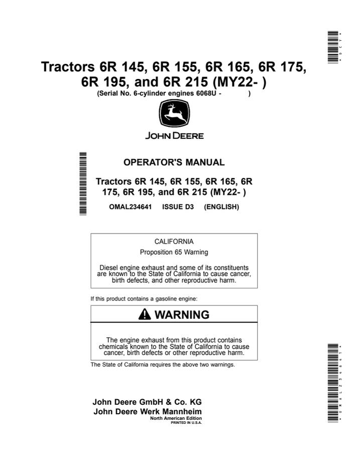 John Deere 6R 145, 6R 155, 6R 165, 6R 175, 6R 195, 6R 215 Tractor Operator manual OMAL234641 — actual manual cover