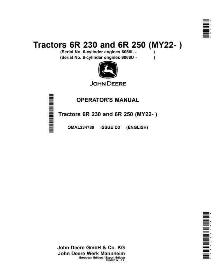 John Deere 6R 230 and 6R 250 Tractor Operator manual OMAL234780 — actual manual cover