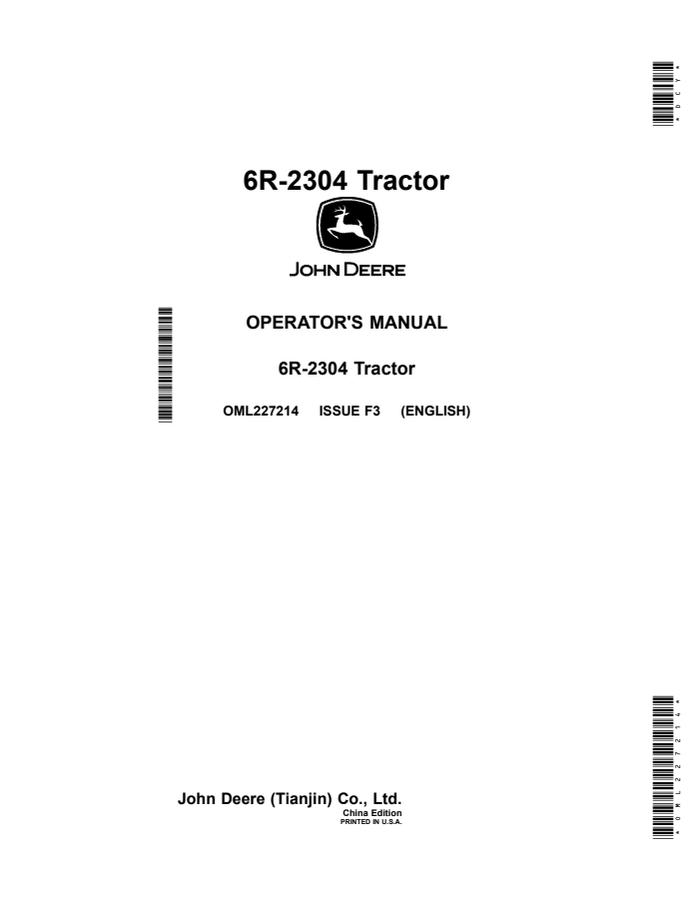 John Deere 6R-2304 Tractor Operator manual OML227214 — actual manual cover