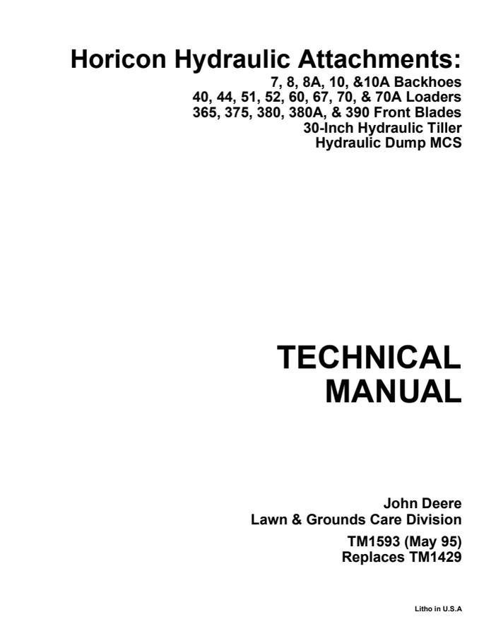 John Deere 7, 8, 8A, 10, 10A Backhoes; 40, 44, 51, 52, 60, 67, 70, 70A Loaders; 365, 375, 380, 380A, 390 Front Blades Technical Manual TM1593 — actual manual cover