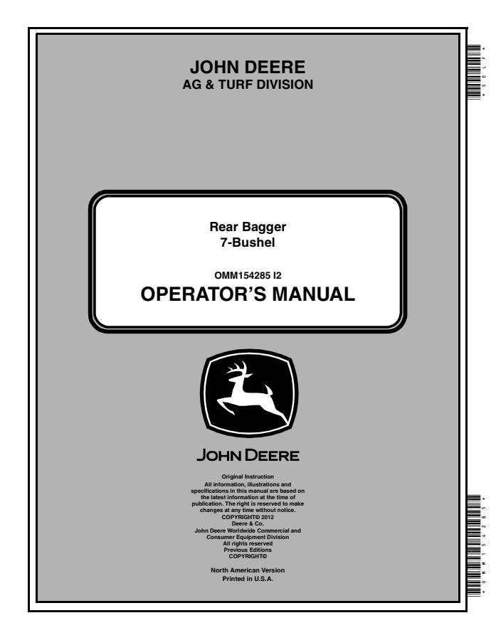 John Deere 7-Bushel Rear Bagger Rear bagger Operator manual OMM154285 — actual manual cover